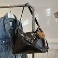 Vintage black tote bag with strap detail, bear pendant and silk scarf on display - With Pendant / Black