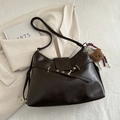 Dark coffee brown PU leather tote bag with decorative belt strap and bear charm accessory - Coffee with Charm