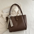 Dark brown leather tote bag with stylish striped silk scarf and gold studs detail - Brown