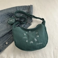 Dark green corduroy hobo bag with letter embroidery and a mini round pouch - Dark Green