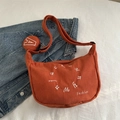 Caramel orange corduroy hobo bag with letter embroidery and small round coin purse - Orange