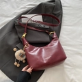Vintage burgundy faux leather dumpling bag with sheep pendant on grey suit - Red (With Ornament)