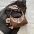 Dark brown retro crescent dumpling bag with sheep charm and adjustable strap - Brown (With Ornament)