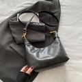Dark grey leather half-moon shoulder bag with gold hardware and fashion text - Black (No Pendant)