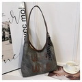 Detail of retro charcoal canvas tote bag with brown trim and WIO WIO letter print - With Charm / Dark Brown