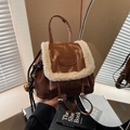 Brown faux suede and white fleece backpack with FASHION embossment and woven rope - With Pendant / Brown