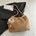 Brown faux fur shoulder bag with plush bear charm and sleek beige strap accessory - With Pendant / Khaki