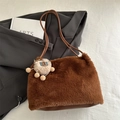Brown fuzzy faux fur shoulder bag with leather strap and plush sheep charm - With Pendant / Brown