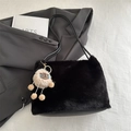 Black faux fur shoulder bag with cute lamb charm and minimalist leather strap - With Pendant / Black
