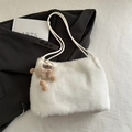 Minimalist white faux fur shoulder bag with cute brown bear charm on black suit - With Pendant / White