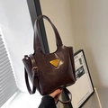 Bolso tote vintage de cuero encerado marrón oscuro con logo dorado y correa ajustable - Sin colgante / Marrón