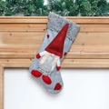 Christmas gnome stocking in grey felt with red hat and fuzzy fur trim hanging on fireplace - Gray (Braid Style)