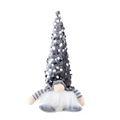 Grey Christmas gnome plush with silver sequined hat and striped arms on white background - Grey
