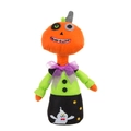 Handgefertigte Halloween Plüschpuppe mit Kürbis Kopf und lila Schleife auf Netzbasis - Kürbis-Muster