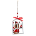 Christmas reindeer wooden window hanger with red bow and white frame ornament - Elk Style