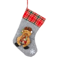 Grey linen Christmas stocking with red plaid cuff and a 3D plush reindeer decoration - Reindeer Style (Large)