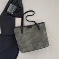 Large gray marble texture tote bag with black leather label and long shoulder straps - No Pendant / Black