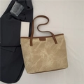 Light coffee marbled tote bag with dark brown leather handles and brand plaque - No Pendant / Khaki