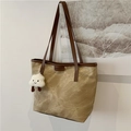 Khaki canvas tote bag with brown leather handles and a white cloud charm accessory - Khaki (With Cloud Charm)