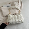 White quilted puffer cloud bag with golden metal chain and soft padded shoulder strap - White
