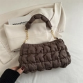 Brown quilted bubble underarm bag with gold chain strap in a stylish pleated nylon finish - Brown