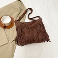 Bolso bandolera de ante sintético marrón con flecos largos y correa ajustable - Marrón