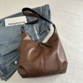 Bolso bandolera vintage marrón de ecocuero con correa ancha negra y gran capacidad - Sin colgante / Marrón