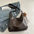 Vintage large dark brown hobo tote bag with wide strap and cute bear charm pendant - With Pendant / Dark Coffee