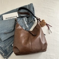 Vintage dark brown hobo shoulder bag with plush bear charm and matte faux leather finish - With Pendant / Brown
