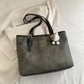 Minimalist large olive green leather tote bag with black straps and plush lamb charm - With Pendant / Black