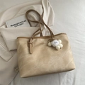Large beige canvas tote bag with brown straps and a white cloud plush charm detail - With Pendant / Khaki