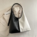 Minimalist large-capacity tote bag in black and white colorblock design with wide strap - Black and White Patchwork