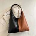 Minimalist large-capacity tote bag in black and brown contrast faux leather for women - Black and Brown Patchwork