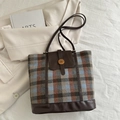 Retro-Shopper mit großem Fassungsvermögen aus Tweed-Karo mit braunen Lederriemen - Blau Karo