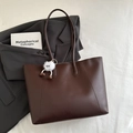 Minimalist deep brown shoulder tote bag in smooth PU leather with cute white plush charm - Coffee With Pendant