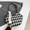 Borsa tote in tela a scacchi con apertura a V e manici in pelle nera da donna - Motivo a Diamante Nero