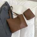 Brown minimalist PU leather bucket bag and pouch set for office and daily commute - Tote Bag and Pouch 2-Piece Set / Coffee without Pendant