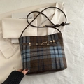 British style plaid bucket bag in brown and blue tweed with leather strap and metal buckle - Blue