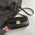 Minimalist black leather crossbody bag with elegant square gold metal lock for women - Black