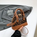 Leopard print shell handbag with brown leather trim and gold zippers for women - Brown