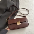 Deep brown faux leather rectangular crossbody bag with golden metal buckle clasp - Brown
