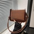 Brown faux leather crossbody bag with woven flap detail and knotted shoulder strap - Brown