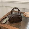 Retro dark brown Boston bag with lucky OHIO embossing and adjustable shoulder strap - Coffee No Charm