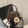 Retro dark brown crossbody bag with lucky embossed letters and white plush sheep charm - Coffee With Charms
