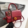 Deep red retro square handbag with golden twist lock and brown pretzel charm - Red with Pendant