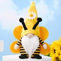 Honey bee gnome plush doll with yellow striped body and felt wings on a white stand - Male Style (White Beard)