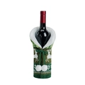 Green knit Christmas wine bottle cover with white reindeer pattern and fuzzy white trim - Green