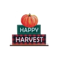 Décoration de table en bois Happy Harvest avec citrouille et motif à carreaux rouge - Style Enseigne