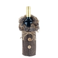 Brown herringbone wine bottle cover with faux fur collar and decorative wood buttons - Faux Fur Collar Herringbone Style