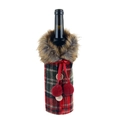 Christmas wine bottle cover in red and green plaid fabric with brown faux fur trim - Faux Fur Collar Red Plaid Style